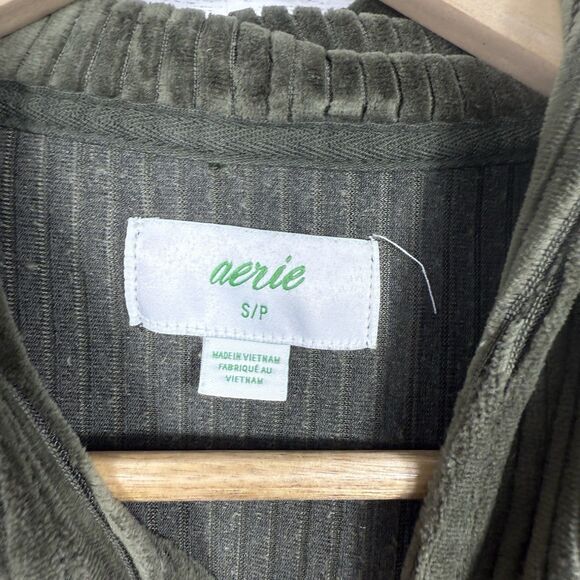 Aerie womens green ribbed velvet v neck hoodie size small comfort casual fall - Picture 3 of 8